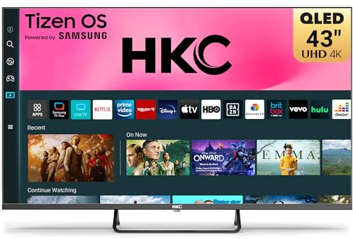 HKC 43 inch 4K QLED Smart TV, Central Stand Design Tizen OS UHD Television with AppleTV+ Netflix Freeview Gaming Hub, MEMC HDR10 Ideal Large Screen for Liaving Room, Made in the UK