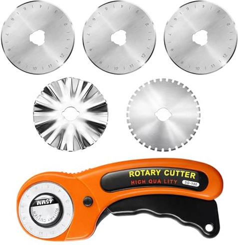 GSGFUIS Kit de cutter rotatif de 45 mm avec couteau rotatif et 5 lames (droites, grosses vagues, pointillées), coupe-tissu pour cuir, tissu, papier et papier peint, cutter rotatif à lame ronde pour