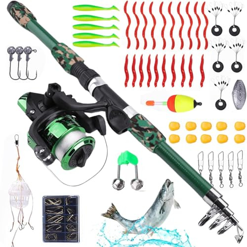 Kit de pêche complet pour enfants de 1,8 m avec moulinet et appât, canne à pêche télescopique en fibre de carbone et moulinet, accessoires de pêche pour enfants de 3 à 10 ans