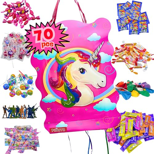 PARTY4EVER - Pignatta per compleanno per bambini, confezione da 70 caramelle senza glutine e giocattoli, pignata per compleanno, piñata per bambini, con imbottitura