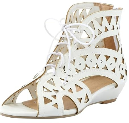 Sandales Femme Été Compensées Romaines,Sandales Gladiateur Bout Ouvert À Lacets Cheville Avec Fermeture Éclair Arrière, Chaussures Été À Petit Talon Compensé Décontractées,Blanc,38 EU