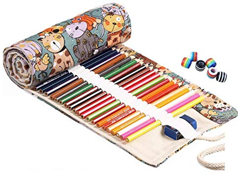 Amoyie Colouring Pencil Case 72 Slots, Roll Up Pen Holder, Pencil Wrap, Cat | Canvas Organiser Bag for Coloured Pen, Foldable Carrier for School, Outdoor Sketch, Artist Storage Bags, Large Capacity