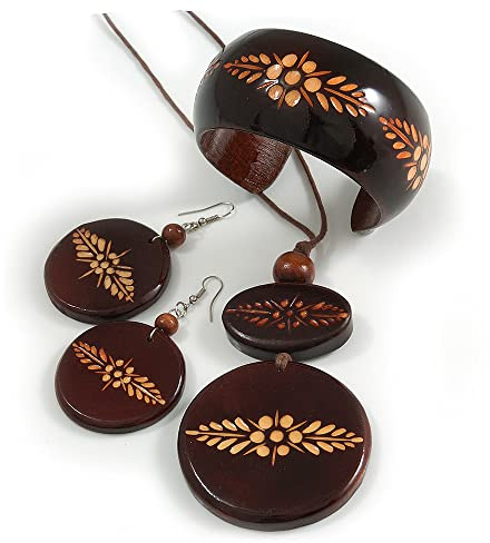 Avalaya Long pendentif en bois marron avec motif floral, boucles d'oreilles pendantes et bracelet manchette en marron – 76 cm Bracelet taille L/M, Inner diameter 65 - 68mm, Bois Cordons Bois
