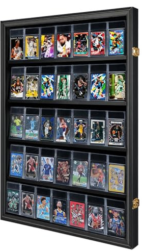 VERANI 35 Baseball Card Display Case – Graded Sports Card Display Frame – Holds Sport Cards with UV Protection Clear View Lockable Wall Cabinet for Football Basketball Hockey Trading Card Large Black