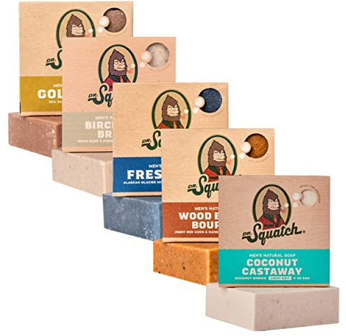 Dr. Squatch Natural Men’s Bar Soap - Cold Process Body Soap Bar with Natural Oils - Gifts for Men - Coconut Castaway, Wood Barrel Bourbon, Fresh Falls, Birchwood Breeze & Gold Moss (5 oz, 5-Pack)
