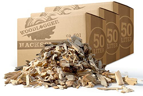 Woodlogger Hackschnitzel aus Kiefer 150 L | Holzhackschnitzel als Rindenmulch-Ersatz für den Garten | Verwendbar als Einstreu, Brennmaterial, Anzünder, Deko, Mulch & Fallschutz für den Spielplatz