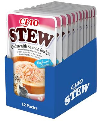 INABA CIAO Stufato di Pollo e Salmone, Cibo Umido per Gatti - Stufato Sano e Cremoso con Straccetti di Pollo - 12 Buste x 40 gr - Cibo per Gatti Senza Conservanti o Coloranti Artificiali, Grain-Free
