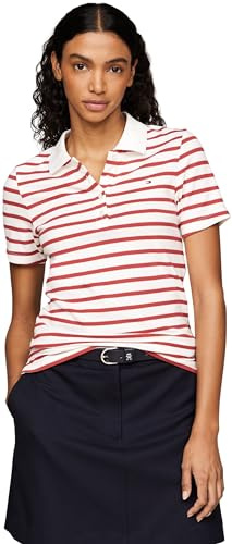 Tommy Hilfiger Women's Short Sleeve Slim Fit Striped Polo Shirt, Multicolor (Breton STP/Ecru/Terra Red), S