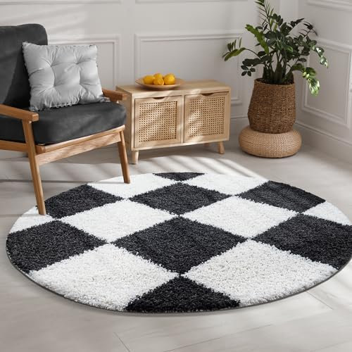 SANAT Milano Shaggy Teppich - Hochflor Teppiche für Wohnzimmer, Schlafzimmer, Küche - Schwarz Weiss, Größe: 80 cm Rund