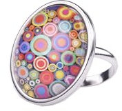 Adi-Modeschmuck großer verstellbarer Ring 'Samara', attraktive farbige Ornamente unter einem 25mm Glas Cabochon, größenverstellbarer Ring aus Edelstahl, handgefertigt in Berlin (Buntes Motiv 1)