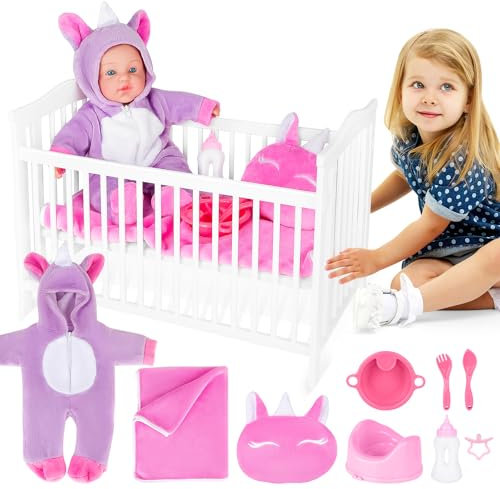 deAO Baby-Puppen-Set mit 18” Baby-Puppenbett und 14” New Born Spielpuppe, Baby Puppen Zubehörset mit Overall Puppenkleidung, Babypuppe Fütterung und Pflege Set, 36cm Puppen Geschenk Mädchen 3+ Jahre