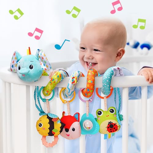 Kulveanju Kinderwagen Spielzeug Baby, Babyschale Autositz Bett Activity Spirale Spielzeug, Plüschtier Hänge Sensorik Spielzeug Geschenk für Neugeborenen Mädchen & Junge 0 3 6 9 12 Monate，Elefant