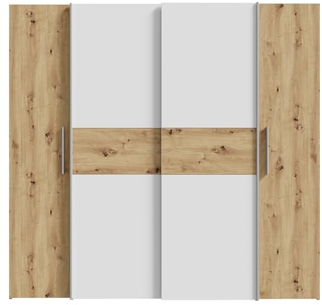 AVANTI TRENDSTORE - Flavi - Armadio in legno laminato nel colore quercia Artisan/bianco con 2 ante battente e 2 scorrevoli, all'interno ripiani e appendiabiti. Dimensioni LAP 200,1x190,5x61,6 cm.
