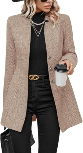 yoeasy Women's Stand Collar Single Breasted Pea Coat Casual Wool Blend Mid Long Trench Coat Winter Jackets (Medium, Khaki)