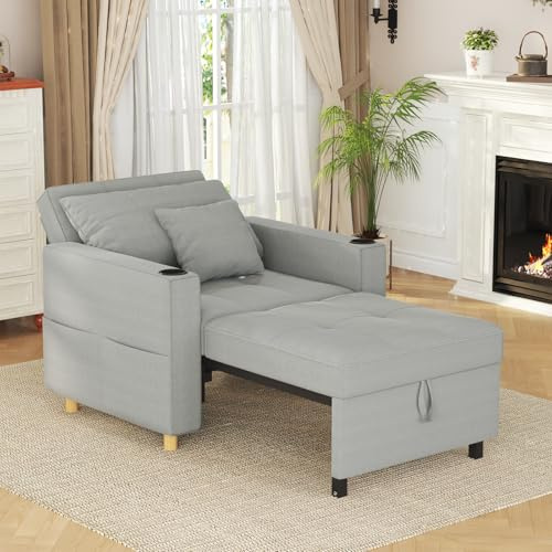 UNIONLINE Single Sofa Bed Chair 192cm, Sleeper Chair Bed Pull Out Convertible, 3-in-1 Adjustable Sleep Armchair with Side Pocket for Small Room/Living Room/Apartment, Grey