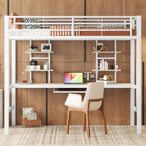 Moimhear Cama alta 90 x 200 cm, estructura de metal, cama de hierro, cama alta con escritorio y dos estanterías para niños, adolescentes y adultos, color blanco