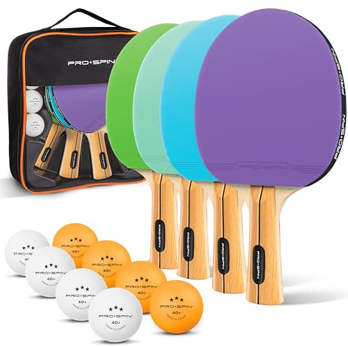 PRO-SPIN Ping Pong Paddles - High-Performance Set with Premium Table Tennis Rackets, 3-Star Ping Pong Balls| Professional Quality Ping Pong Paddle Set (Purple | Blue | Mint| Green, 4-Player Set)
