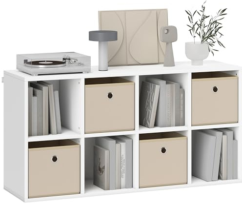 HOMCOM Estantería de 8 Cubos, Librería, Estantería para Libros con 4 Cajones de Tela, Horizontal o Vertical, para Salón, Dormitorio, Estudio, 105,9x30x53,7 cm, Blanco y Beige