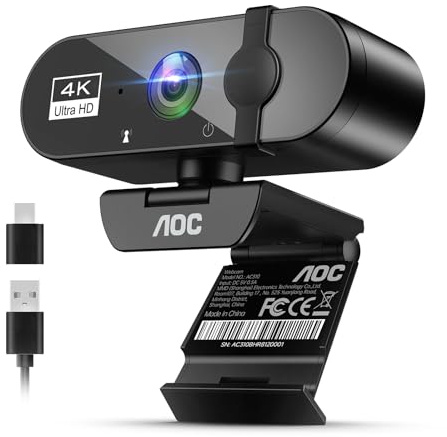 AOC 4k Webcam for PC with Microphone, Computer Camera with Noise Cancellation, Privacy Cover, 99° FOV, Plug & Play USB Webcam for Streaming, Conferencing, Zoom, Skype, Facetime, Laptop, PC, Skype