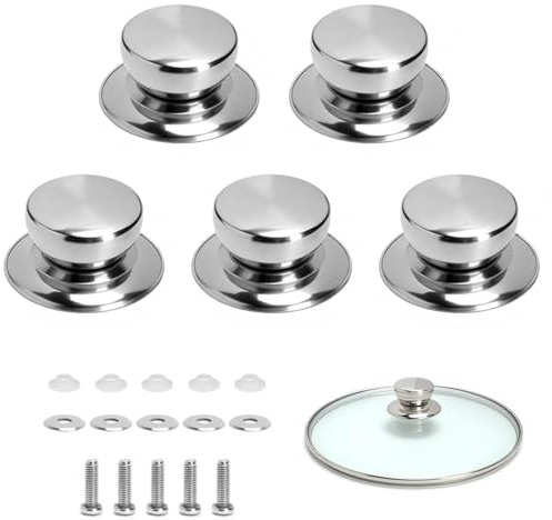XRVRILE Pomolo coperchio inox universale – Ricambio per coperchios con foro centrale 5–10 mm, resistente al calore per coperchios in vetro e pentole, pomolo coperchio con viti set da 5