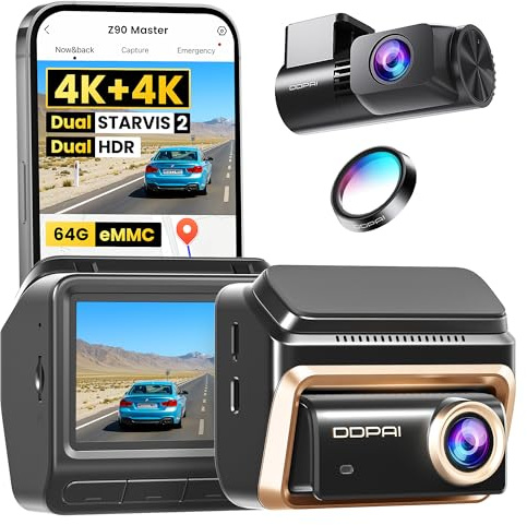 DDPAI Z90 Master 4K+4K Dual Dashcam, Dual STARVIS 2 HDR (2 x IMX678), bilkamera 64 GB eMMC med 128 GB kort, inklusive CPL, natt anti-flimmer, 3K/60 fps motorväg, GPS/ADAS, WLAN, 4G LTE, 24h