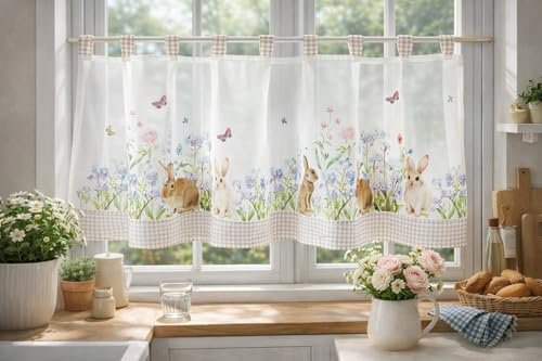 KAMACA Rideau brise-bise en voile élégant et organza - Motif lapin dans la prairie fleurie - 45 x 120 cm - Rideau de cuisine transparent avec motif lapin et passants - Décoration moderne de fenêtre de