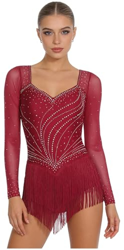 Miutii Robe de danse latine à paillettes pour femme - Manches longues - Avec franges - Robe de patinage artistique - Chacha Salsa Tango Rumba - Costume de danse