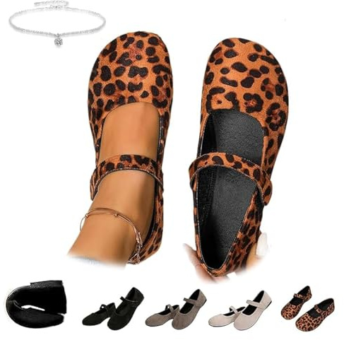 Ballerines orthopédiques Mary Jane en daim pour femme, confortables à bout rond, semelle souple, imprimé léopard, chaussures confortables à enfiler avec sangles