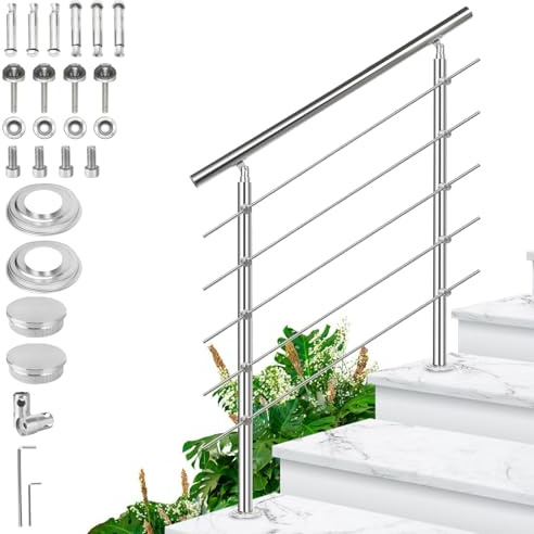 Ollewiellan Corrimano in acciaio inox, ringhiera per scale esterne ed interne, 120 cm, Ø 42 mm, con 5 barre trasversali e accessori, ringhiera per scale regolabile ad angolo per giardino, ingresso
