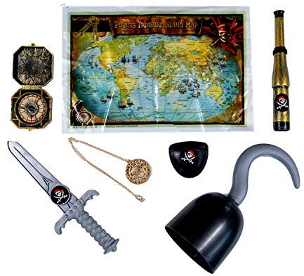 TRIXES Dekorative Accessoires für das Piratenkostüm Ihres Kindes, Kostüm Zubehör, Handhaken, Dolch, Augenklappe, Schatzkarte, Fernglas, Kompass, Goldamulett