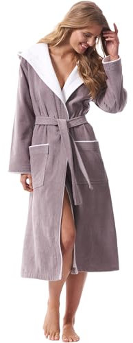 Morgenstern Bademantel Damen mit Kapuze 100% Baumwolle Frottee OEKO-TEX® Morgenmantel Leonie Taupe Größe L