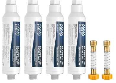 AQUA CREST RV Water Filter, RV Inline Hose Water Filter, Garden and Camper Water Filter, NSF Certified, Greatly Reduces Chlorine, Bad Taste, Odor, 4 Pack with 2 Hose Protector | NSF/ANSI Certified, Reduces Chlorine, Odor, Bad Taste and Sediment in Drinking Water, with 2 Flexible Hose Protectors, 4 Pack