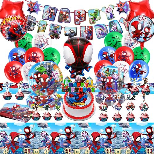 Geburtstagsdeko Partygeschirr, Spider Geburtstagsdeko Deko, Luftballon Und Tortendeko, 79pcs Spidey Geburtstagsdeko Deko Geburtstag Kinder-Servietten, Pappteller, Tischdecke, Geschenkpapier, Banner