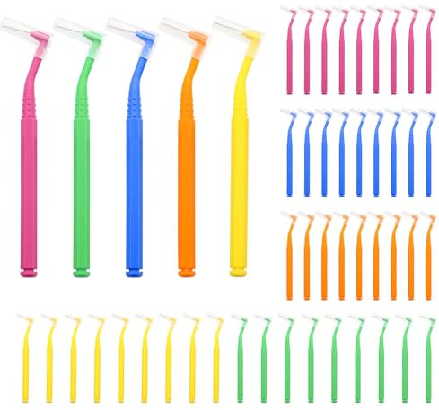 ZYKORT 50 Pezzi Spazzolini Interdentali, Scovolino per Pulizia Denti, Push-pull L-Scovolino Denti con 5 Colori e 5 Misure, Scovolini Dentali per Cura della Bocca con Coperchio Scovolini Interdentali