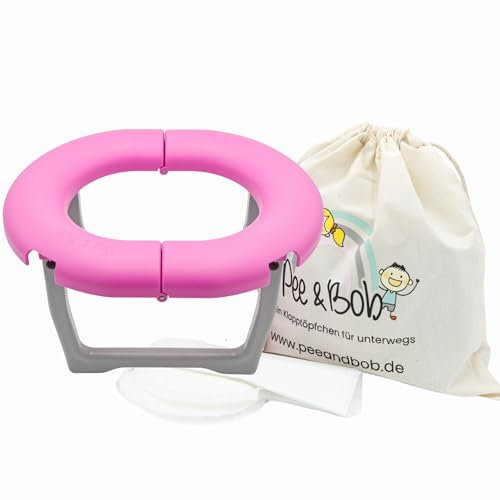 Pee & Bob Dein Töpfchen für unterwegs | Klein & Leicht, Haltbar und Stabil und Made in Germany | Mit Kindern immer und überall eine saubere Toilette, inkl. 5 Einwegtüten [Rosa]