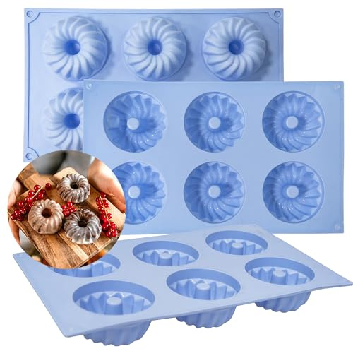 SmartKitch LGQUK Jello Mold, 3pcs Silicone Fluted Tube Cake Pans, 6-Cavity Non Stick Silicone Baking Molds for Cupcake, Donuts,Muffin, Cornbread, Brownie, Jellies (Blue, Fluted Tube)