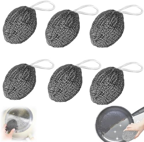 Lot de 6 balles à récurer flexibles en acier inoxydable - Anti-rayures - Tampons à récurer métalliques réutilisables pour nettoyer la vaisselle, les casseroles, les poêles, les barbecues (40 g)