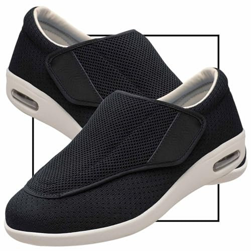 Möge Chaussons Diabétiques Homme Réglable Orthopédique Sandales Large Chausson Fermeture Scratch pour Personne Âgée Pieds Gonflés Arthrite Oedème Swollen Pantoufle(Color:Black,Size:44.5 EU)