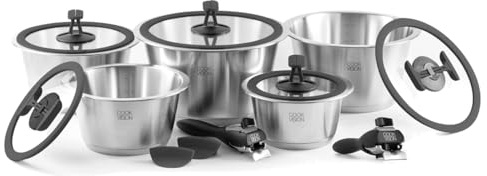 cookvision Mega-Topf-Set 14-tlg. schwarz, 5x Edelstahltöpfe für alle Herdarten, 5x Glasdeckel, 2x Griffe, platzsparend, innovatives Zubehör