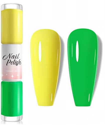 Yellow Nail Polish Green Nail Varnish Double-Head Nail Varnish, Long-lasting Quick Dry Nail Polish, Water Based Low Odor Without UV Lamp Non-Toxic For Women Home DIY Nail Art (Yellow+Green, 10ML)