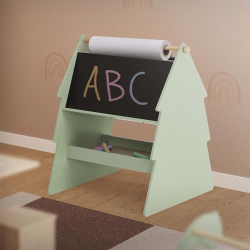 Joyz Kreidetafel Kinder Tanne, 68x60x80 cm, Grün-Natur, Kindertafel Doppelseitig aus Holz mit Ablage, Beidseitige Tafel mit Stauraum & Stange für Papierrolle, Kinderzimmer Standtafel, Tafel für Kinder
