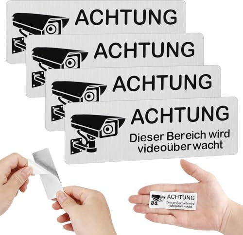 Pavlleen 4 Stück Schild Videoüberwachung Schilder, Selbstklebend Aluminium Achtung VideoüBerwachung Schild, 85mm×30mm Aluminium Hinweisschild Kamera ÜberwachungSchild, für Innen und Außenbereich
