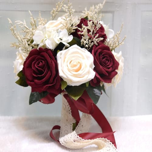 LESING Bridal Wedding Bouquets Artificial Rose Flowers Bouquet Handmade Romantic Wedding Bouquets for Bride Bridesmaid Holding Flowers(Bouquet-Rose White Red)