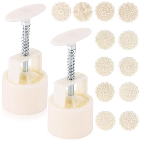 2 Sets Round Mooncake Mold, 75g Round Cookie & Pastry Cutter Mold Set with 12 Stamps, DIY Hand Pressure Flower Cookie Cutters for Baking Cake Cookie Biscuit Dessert and Holiday Treats