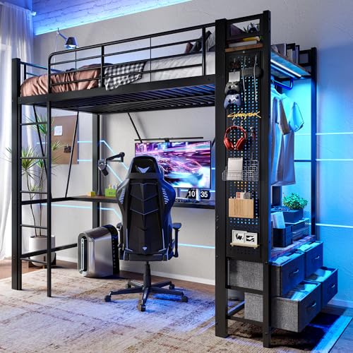 Cama alta de metal de 90 x 200 cm, con tiras LED, función de carga USB, escritorio, marco de hierro, cajones, para niños y adolescentes, cama litera, sin colchón (negro, 90 x 200 cm)