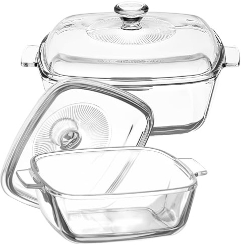 2er Set Auflaufform mit Deckel und Griff, Quadratische Glas Backformen für Ofen und Mikrowelle, Klare Bleifreie Glas BackformGlasbräter mit Glasdeckel zum Backen und Kochen (0,8 L und 1,5 L)
