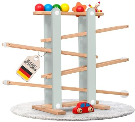 Stabile Kugelbahn L aus Holz Grün, 7 niedliche Mobile wie Auto, Blume, Kasper, Kugel, große Murmelbahn für Kinder, Rennbahn für Baby und Kleinkind, Motorikspielzeug