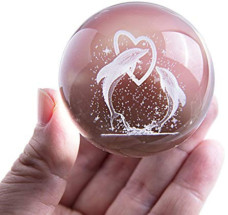 Boule de cristal en forme de dauphin 3D avec support pour cadeau de Saint-Valentin, cadeau d'anniversaire – Ornement en forme de cœur double dauphins