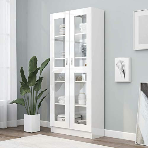 Tidyard Vitrinenschrank Bücherschrank Aktenschrank Büroschrank Bücherregal Schrank für Wohnzimmer, Spanplatte, Glas 82,5x30,5x185,5 cm Hochglanz-Weiß