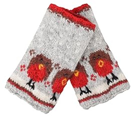 Handvärmare i ull för kvinnor fleecefodrad handstickad rödhake flerfärgad en storlek handgjord extra varm Pachamama Fair Trade, Grå, röd, brun, vit, gul, M